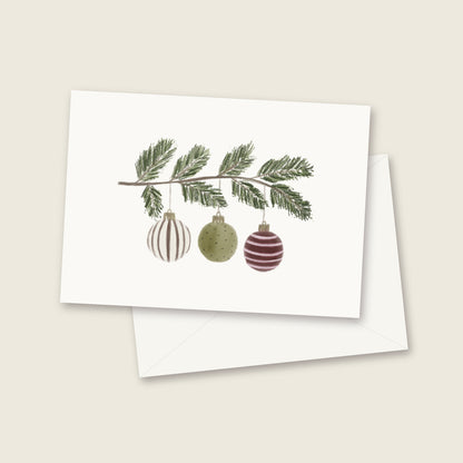 Evergreen branch with three ornaments watercolor notecard