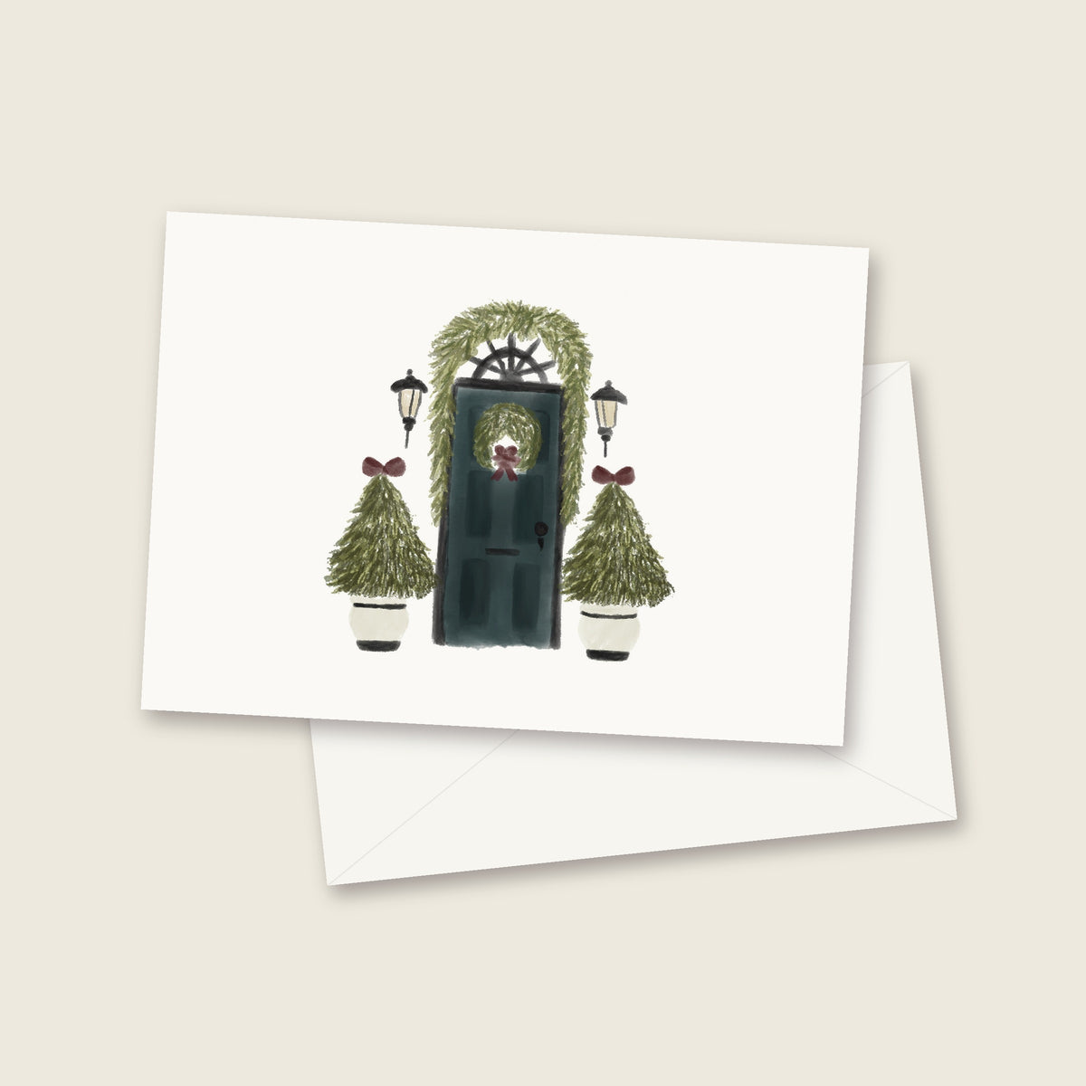 Front door with garland watercolor notecard