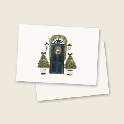 Front door with garland watercolor notecard