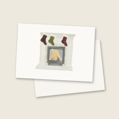 Fireplace with stockings watercolor notecard