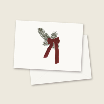 Evergreen and red bow watercolor notecard