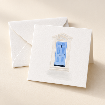 Mockup of Blue Door 2 x 2 inch folded mini notecard with envelope