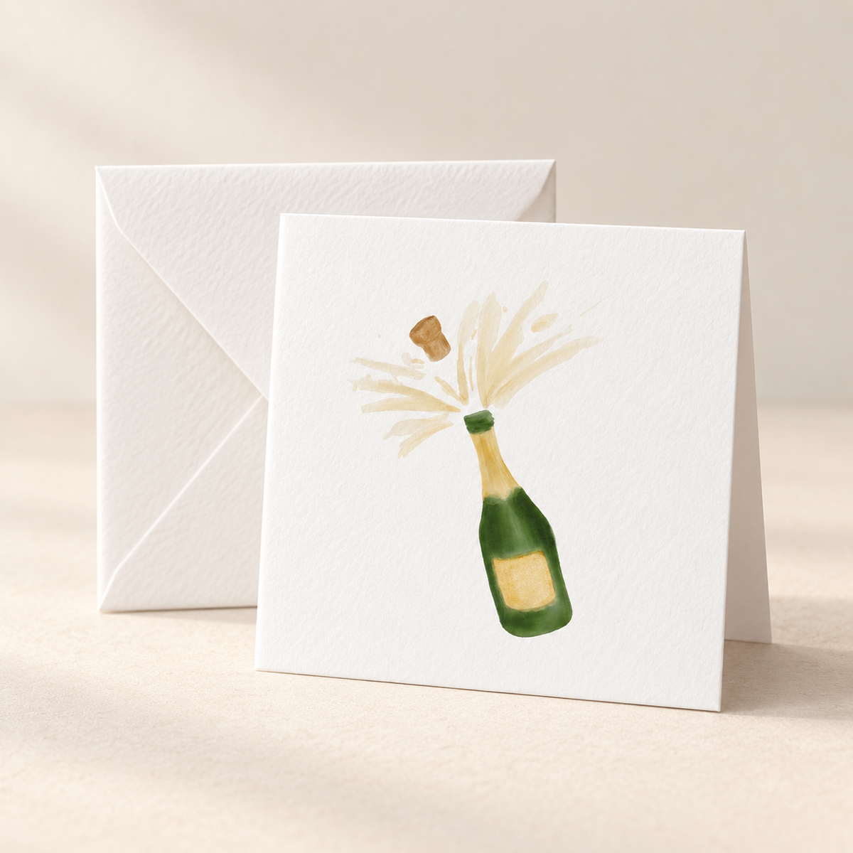 Mockup of Champagne Bottle 2 x 2 inch folded mini notecard with envelope