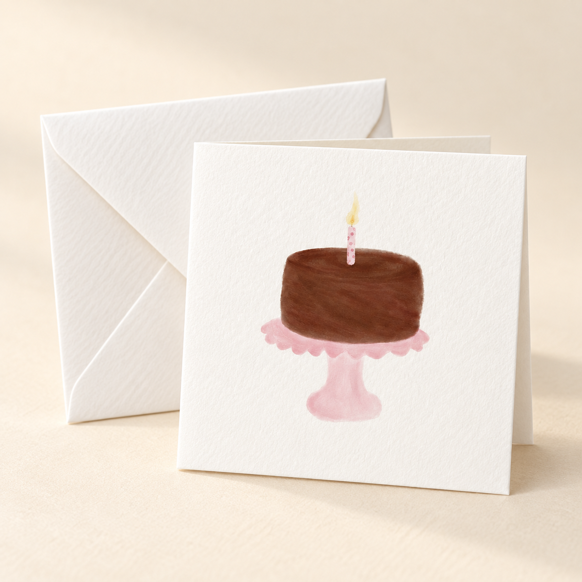 Mockup of Chocolate Cake 2 x 2 inch folded mini notecard with envelope