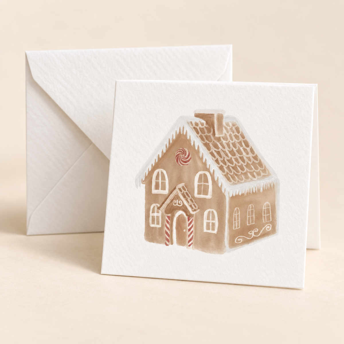 Mockup of Gingerbread House 2 x 2 inch folded mini notecard with envelope