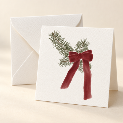 Mockup of Holiday Bow 2 x 2 inch folded mini notecard with envelope