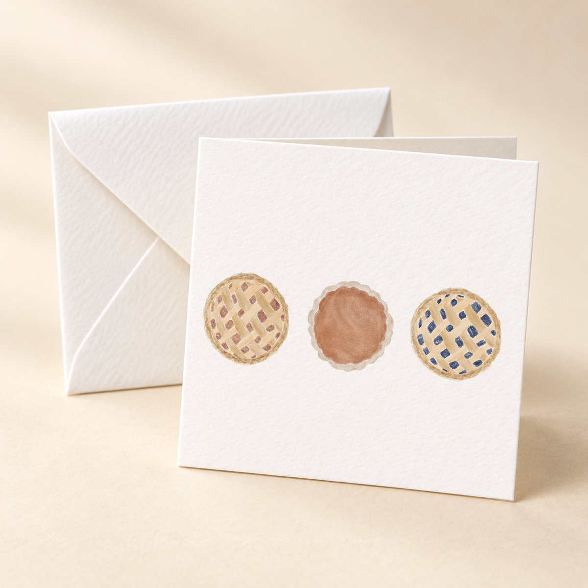 Mockup of Pie Trio 2 x 2 inch folded mini notecard with envelope