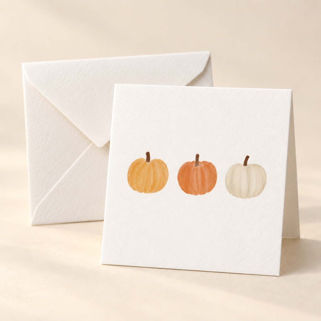 Mockup of Pumpkin Trio 2 x 2 inch folded mini notecard with envelope