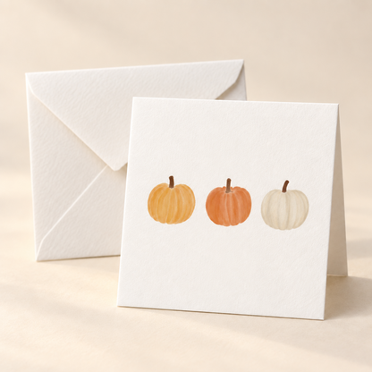 Mockup of Pumpkin Trio 2 x 2 inch folded mini notecard with envelope