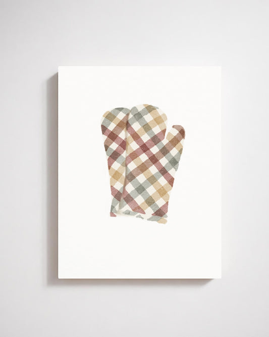 Something in the Oven | Gingham Oven Mitt Art Print displayed as a paper art print