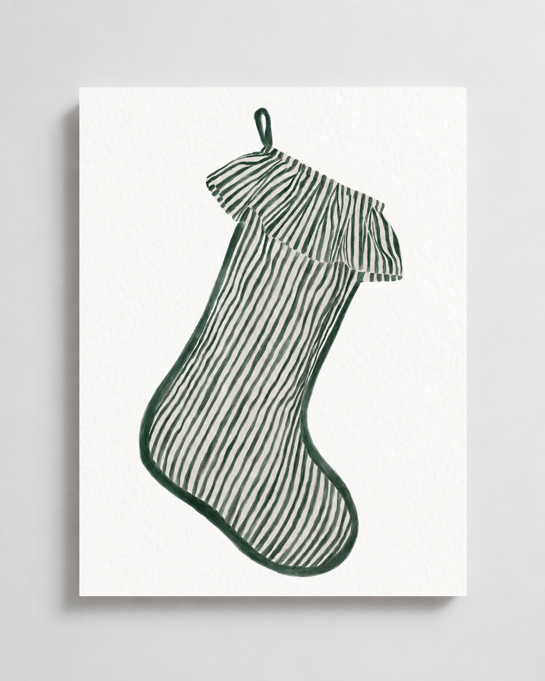 By the Mantel | Green Striped Stocking Art Print displayed as a paper art print