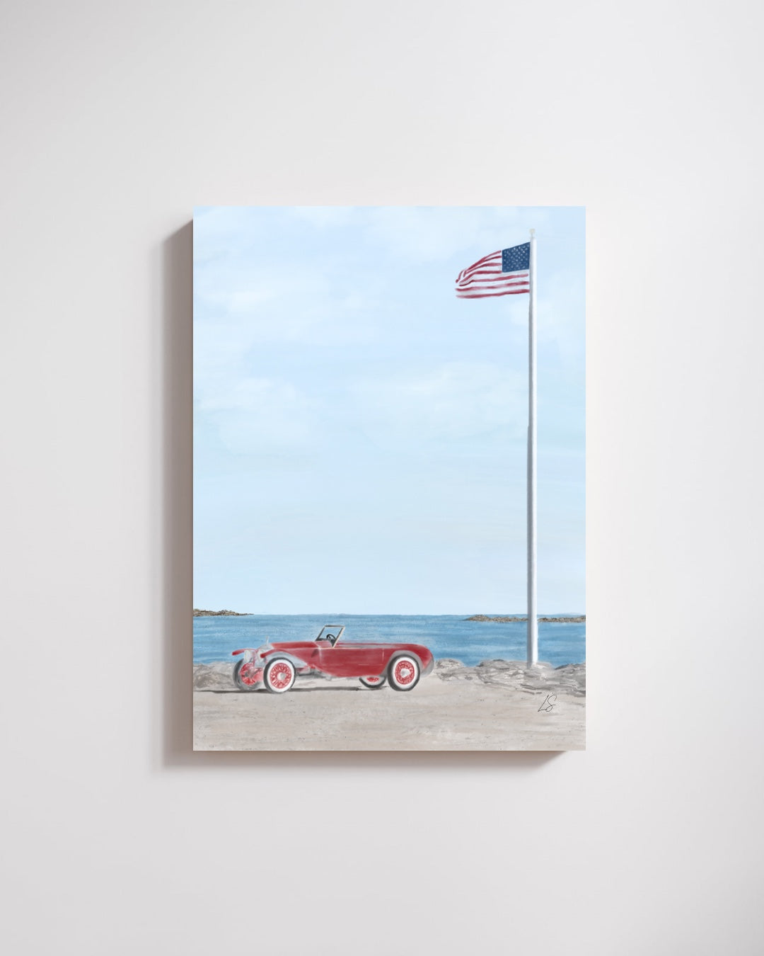 Salt Air watercolor red convertible beside the sea art print